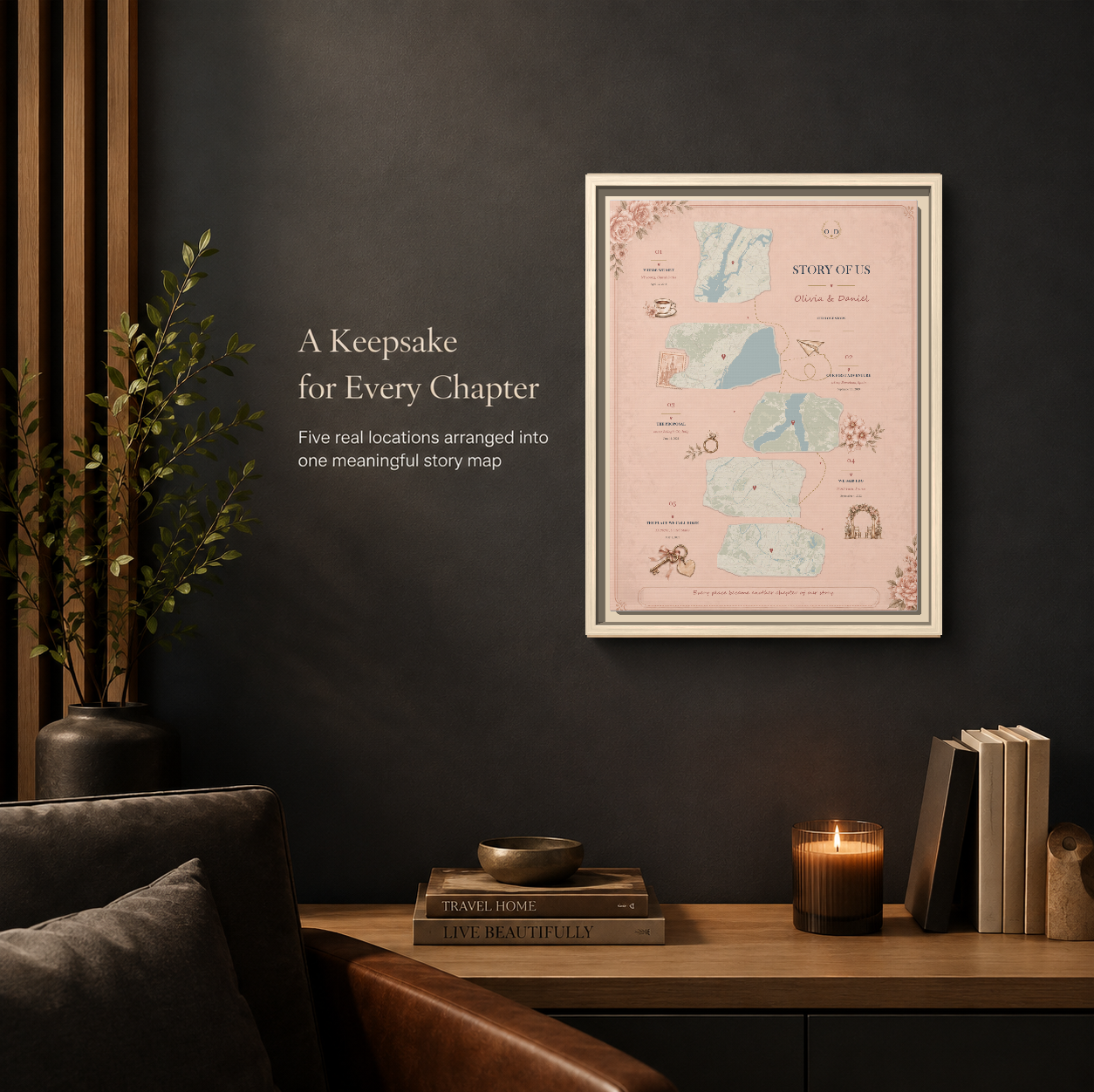 Personalized story map displayed in an oak frame