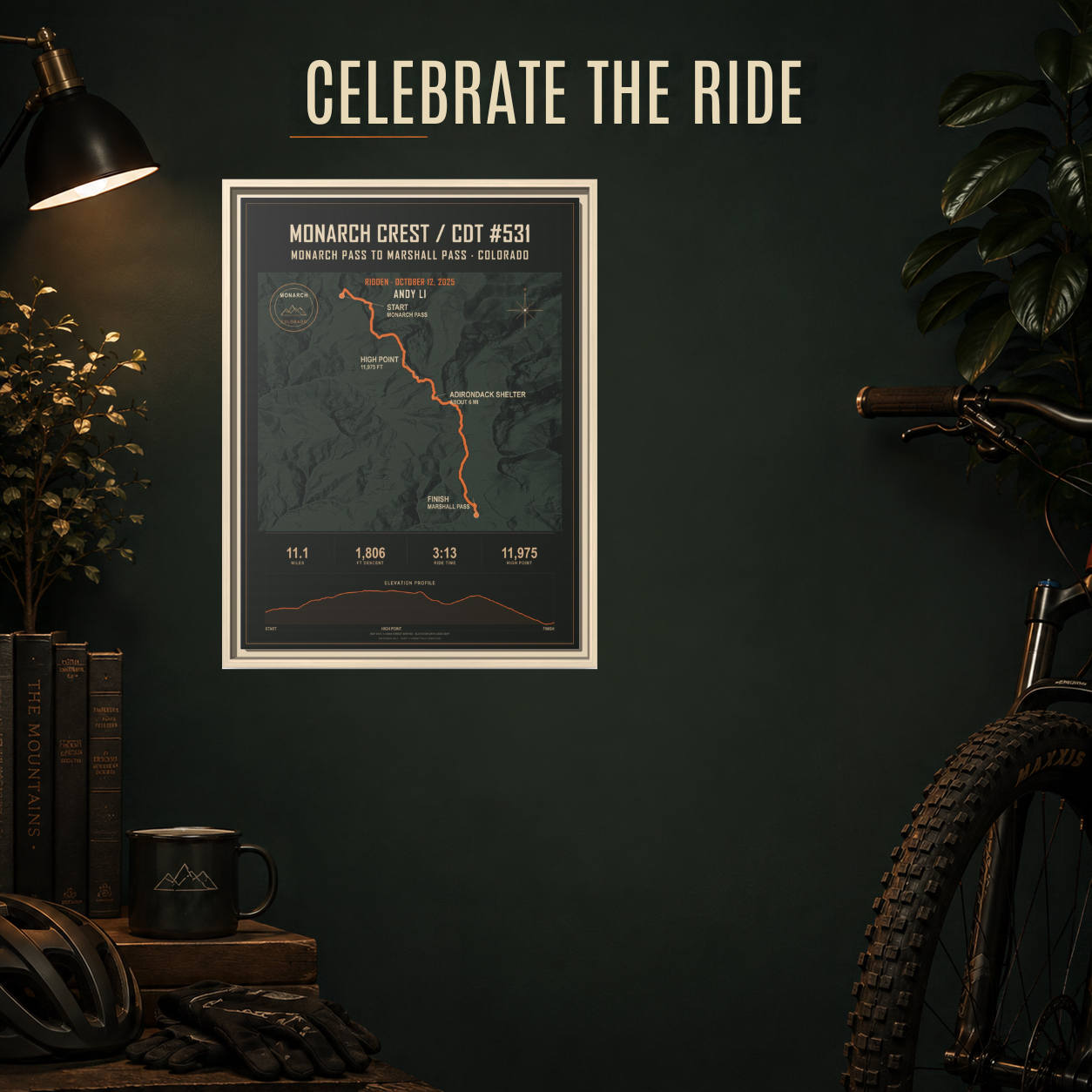 Monarch Crest personalized trail map displayed as finished wall art