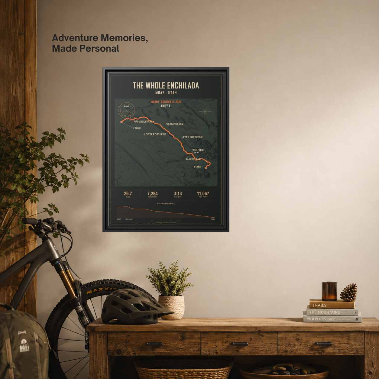 Whole Enchilada mountain bike map shown in a finished room setting